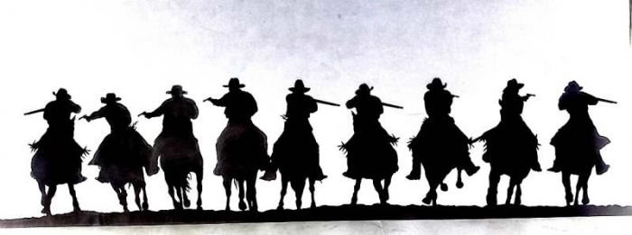 cowboy riders silhouettes nine horses 