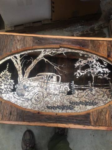 custom  farm sign trees pickup truck